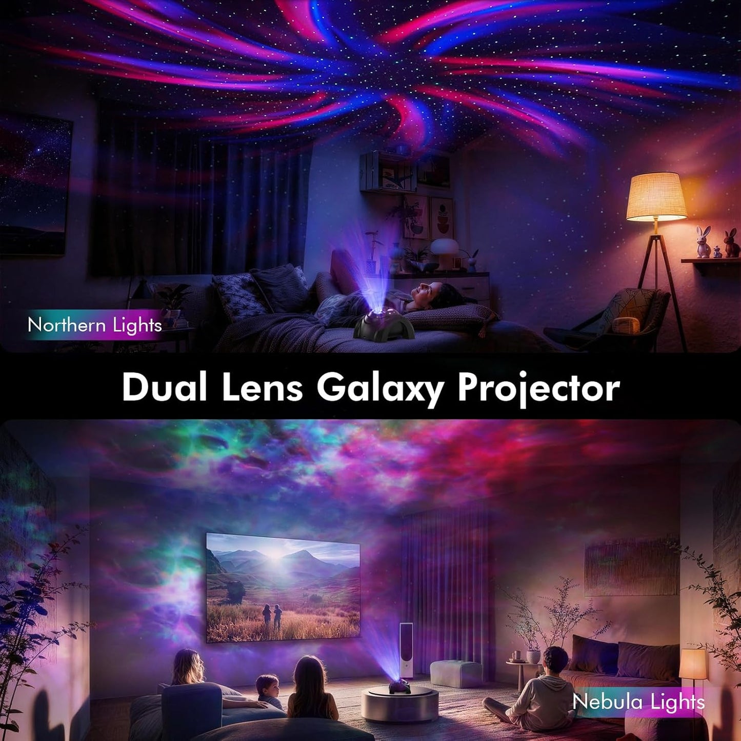 Rossetta Dual Lens Galaxy Star Aurora Projector Night Light for Bedroom | 58 Light Effects, White Noise, Bluetooth Speaker, Music Sync, Remote Control, Timer, Room Decor Gift for Kids Adults Teens