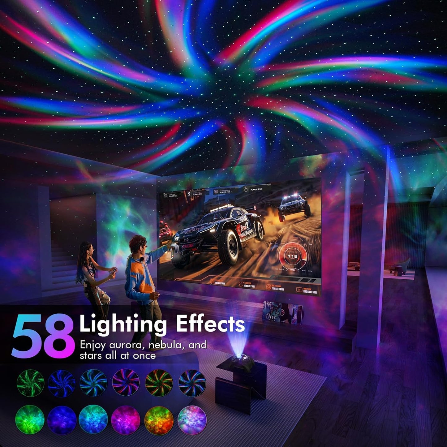 Rossetta Dual Lens Galaxy Star Aurora Projector Night Light for Bedroom | 58 Light Effects, White Noise, Bluetooth Speaker, Music Sync, Remote Control, Timer, Room Decor Gift for Kids Adults Teens