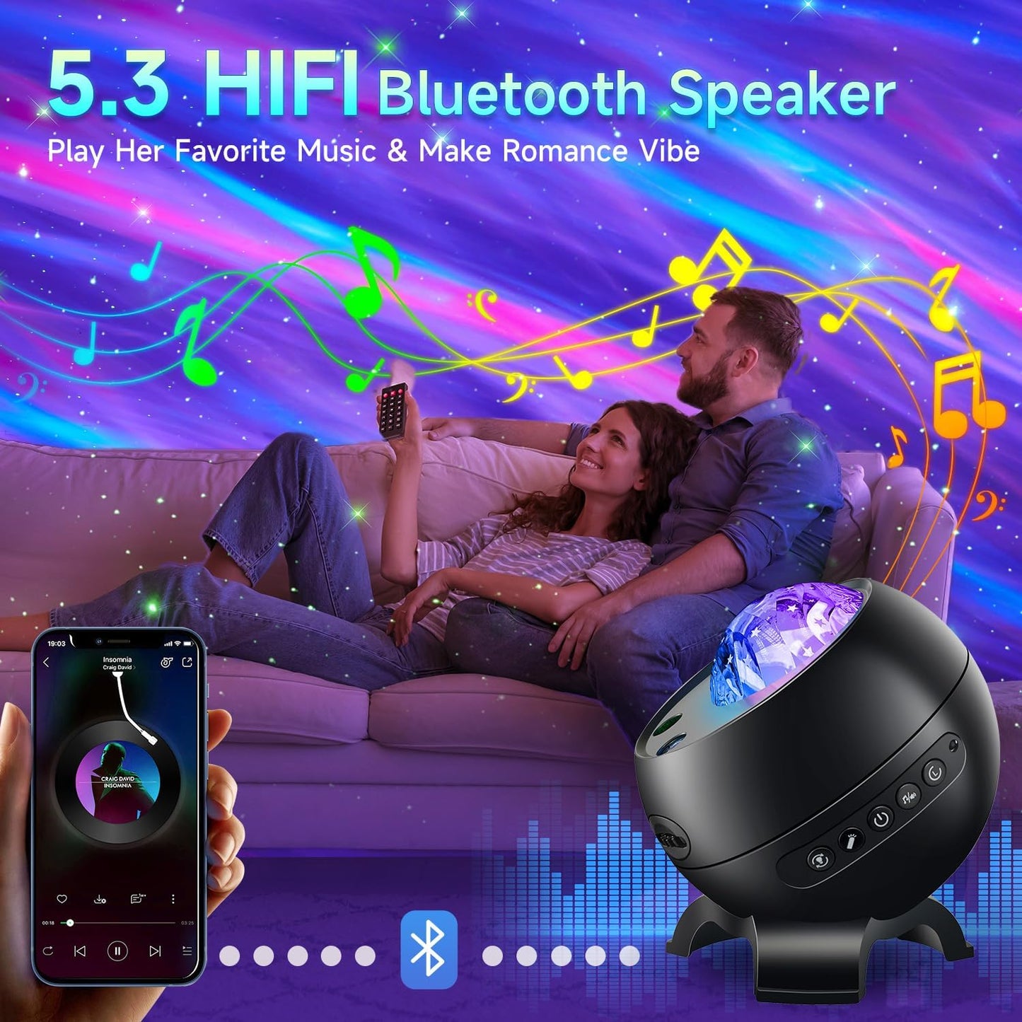 LED Light Gifts Home Decor Light Projector with 375 Effects, Bluetooth | Ambient Light, Adjustable Brightness, Bedside Table Lamp, Bedroom Decor, Memory Function, Sleep Companion, Gift For All Ages
